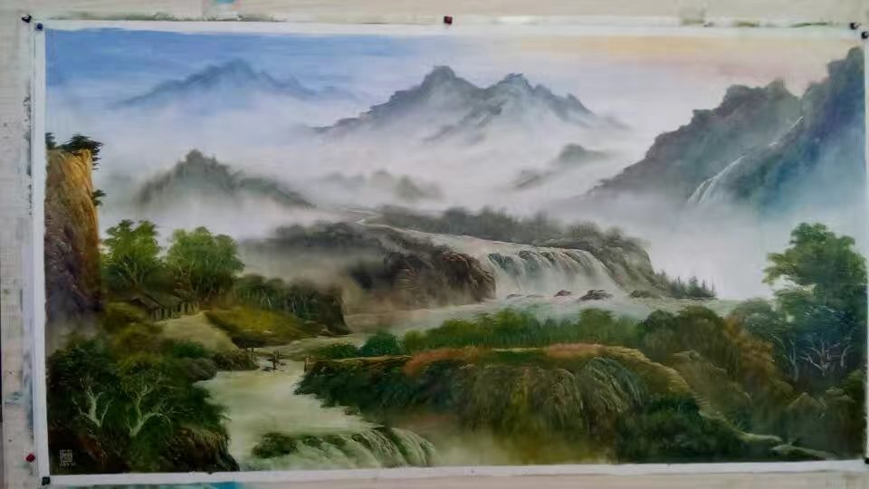 Mountain Waterfall in Clouds original oil painting by Shufeng Studio