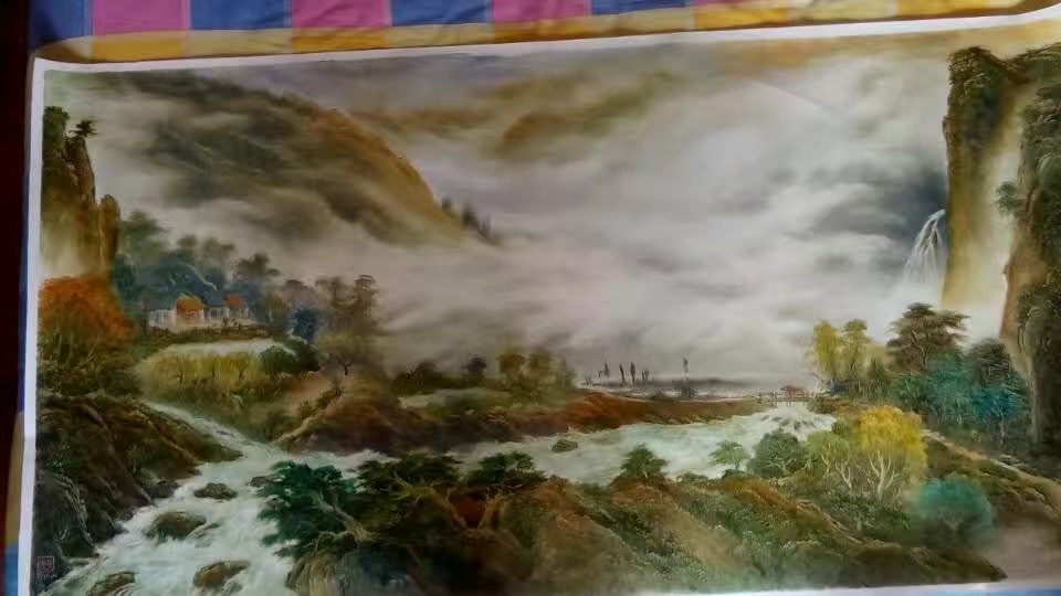 Riverside Dwelling in Mist handmade Chinese landscape oil painting by Shufeng Studio