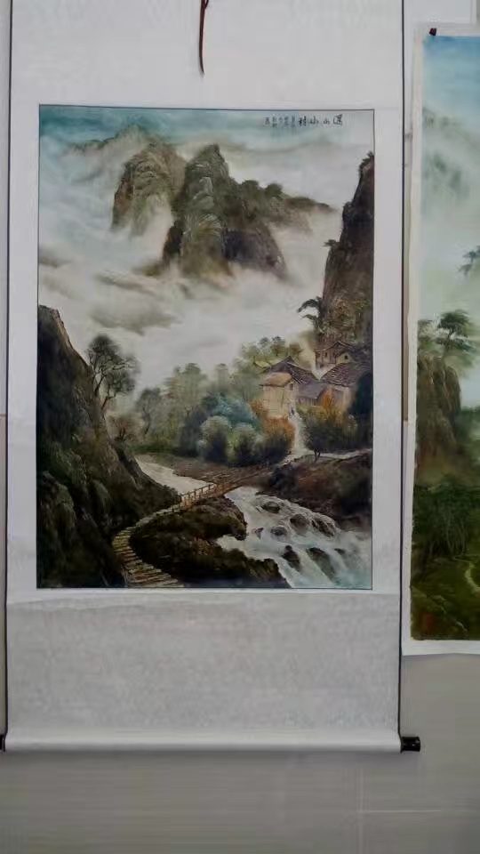 Framed Mountain Waterfall original oil painting by Shufeng Studio