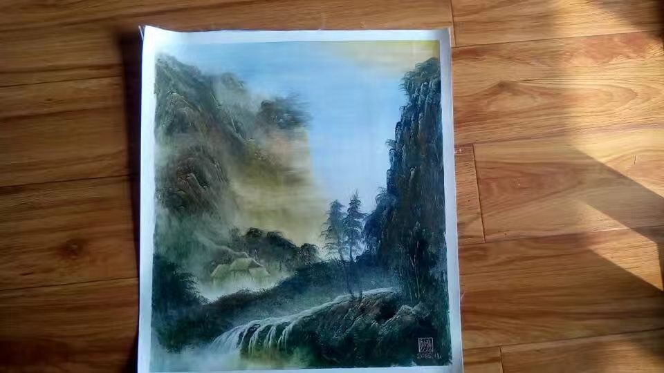 Framed Village in Clouds original oil painting by Shufeng Studio