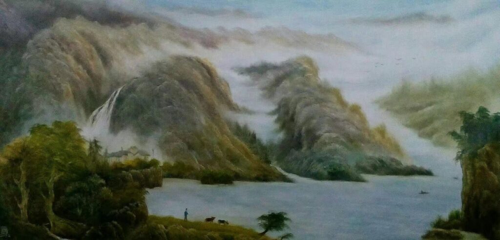 Blue Lake Mountain Study original oil painting by Shufeng Studio