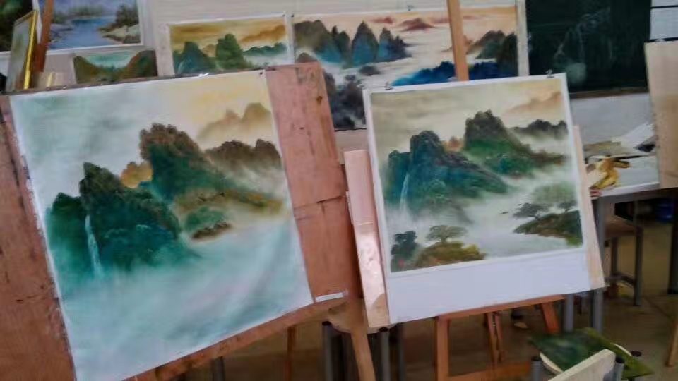 Layered Sichuan landscape oil painting with misty mountains