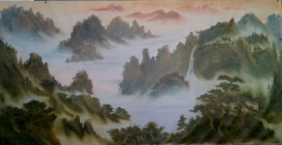 Spring Waterfall Valley original oil painting by Shufeng Studio