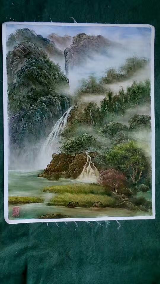 Framed Waterfall Panorama original oil painting by Shufeng Studio