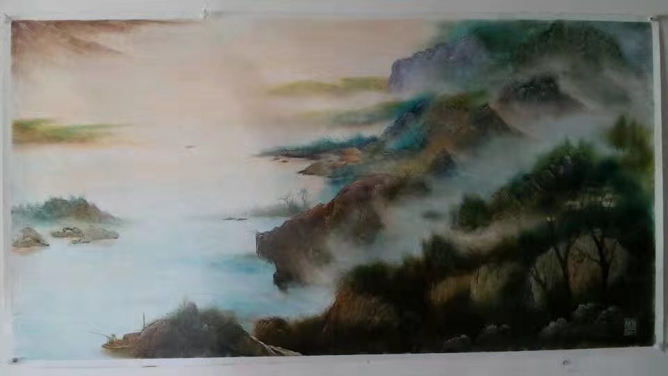 Village Below Cloud Sea original oil painting by Shufeng Studio