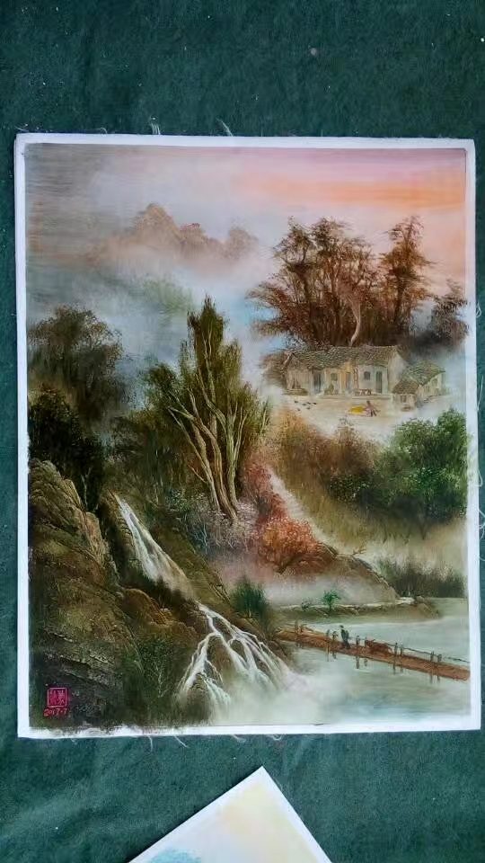 Lake and Waterfall Vertical original oil painting by Shufeng Studio