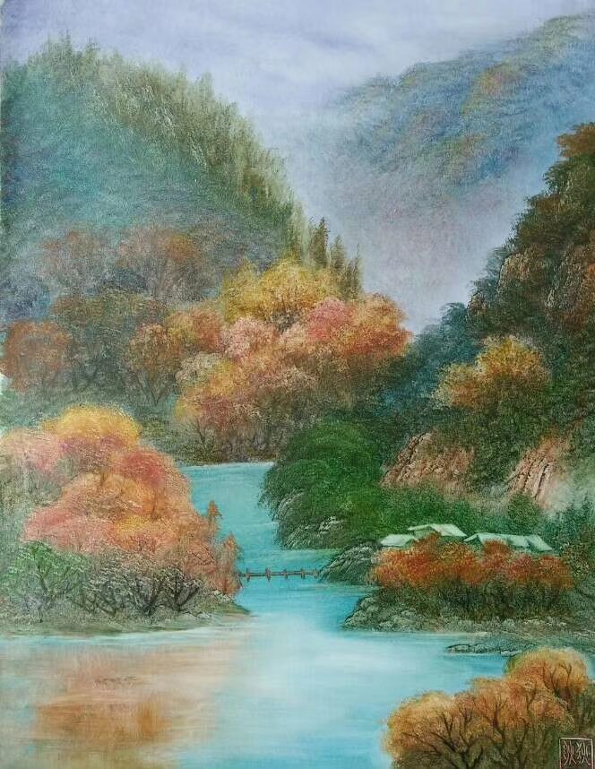 Mountain Home by Stream original oil painting by Shufeng Studio