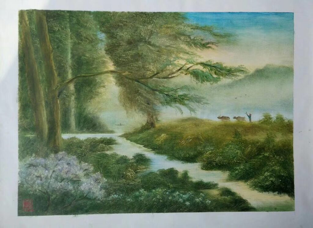 Mountain Pass and Cloud River original oil painting by Shufeng Studio
