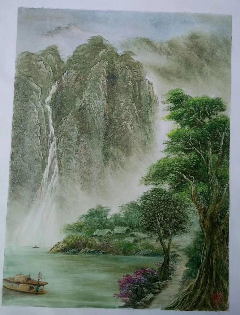 Mountain Waterfall Study original oil painting by Shufeng Studio