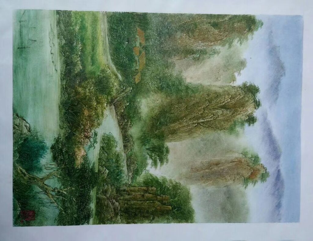 River Village With Boat original oil painting by Shufeng Studio