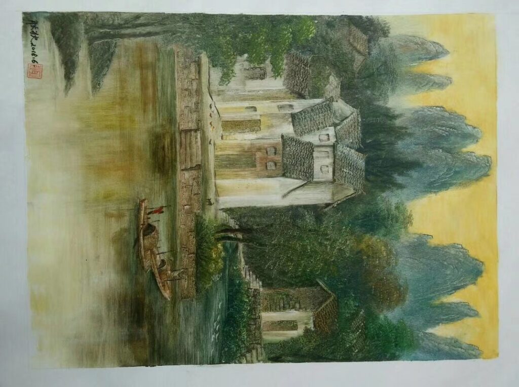 River Village With Boat II original oil painting by Shufeng Studio