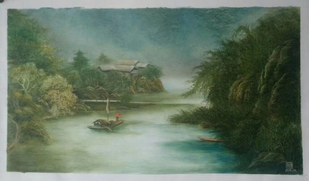 Green Cliff Waterfall original oil painting by Shufeng Studio
