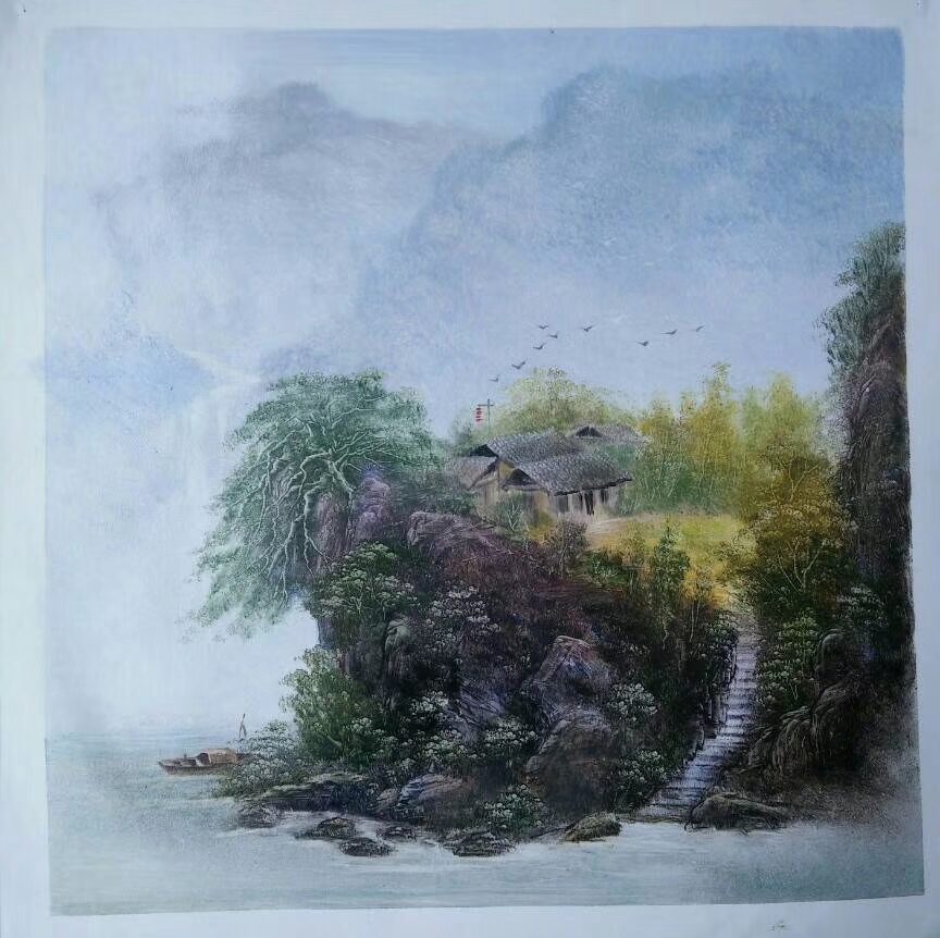 Waterfall Pavilion Study original oil painting by Shufeng Studio