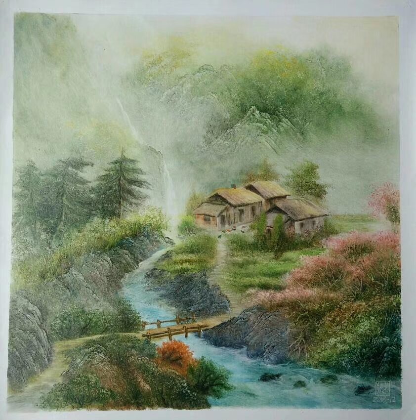 Ancient Village and River original oil painting by Shufeng Studio