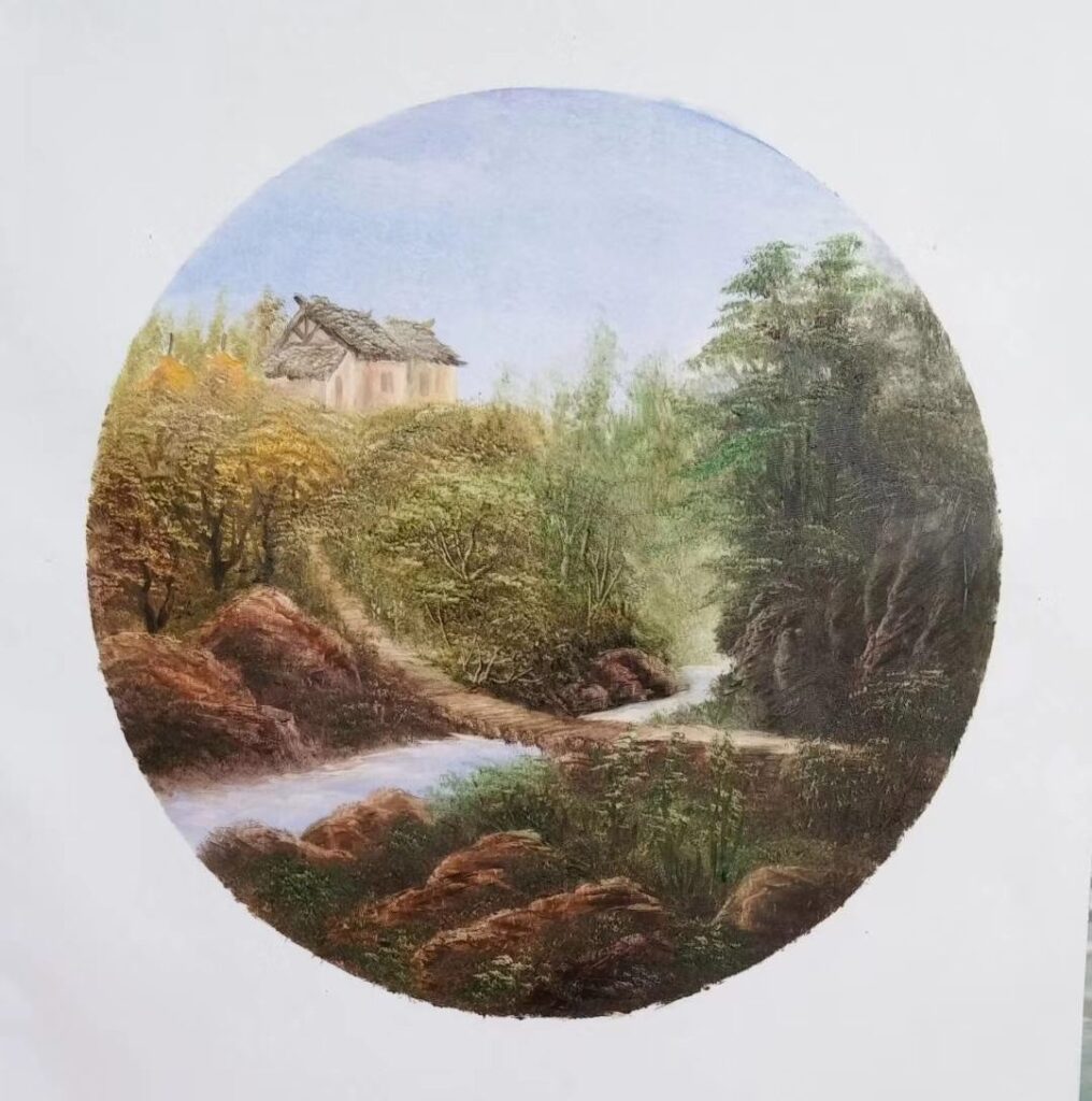 Green Mountain River original oil painting by Shufeng Studio