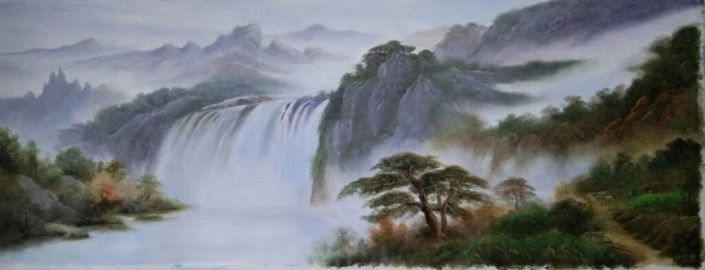 Mountain River Vertical original oil painting by Shufeng Studio