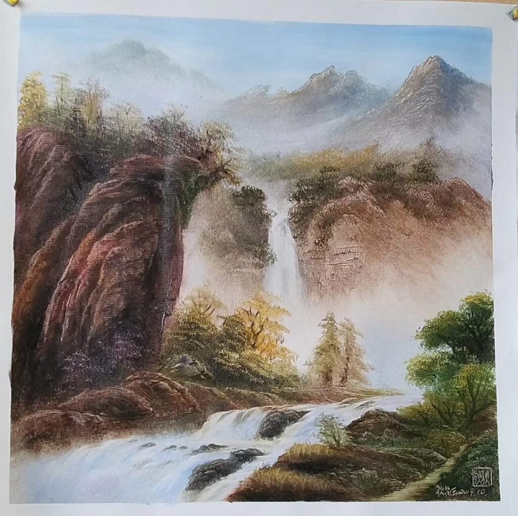 Waterfall and river detail in knife painting