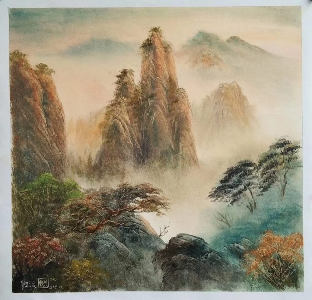 Round Fan Landscape original oil painting by Shufeng Studio