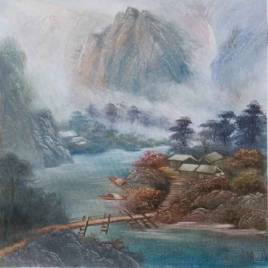 Giant Tree Waterfall - Sichuan landscape style knife painting