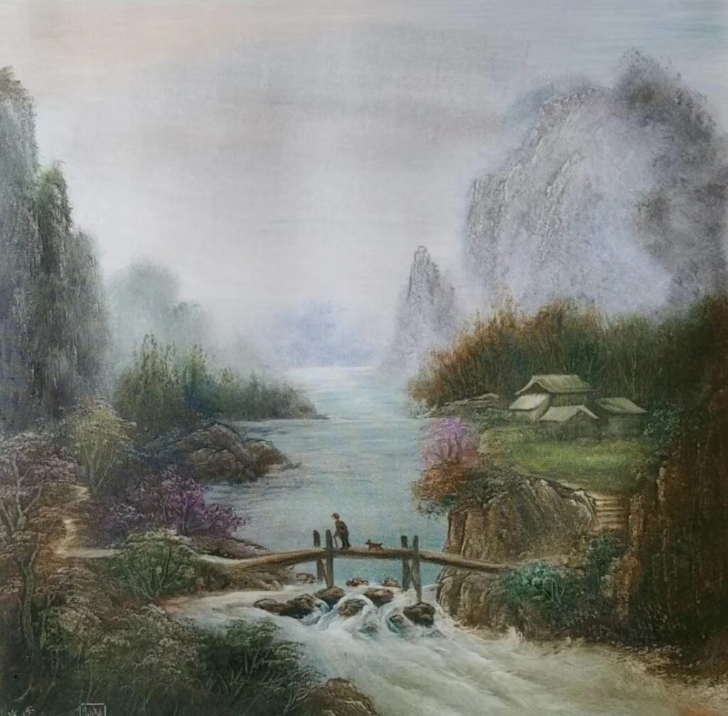 Misty Bridge Village original oil painting by Shufeng Studio