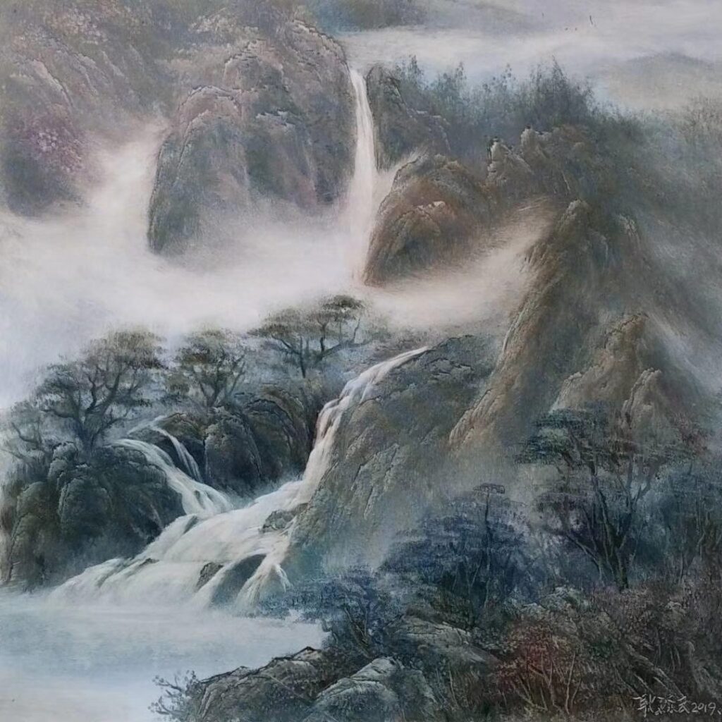 Mist and distant landscape in knife painting