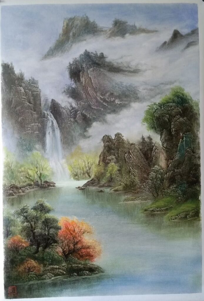 Warm Peaks in Mist original oil painting by Shufeng Studio