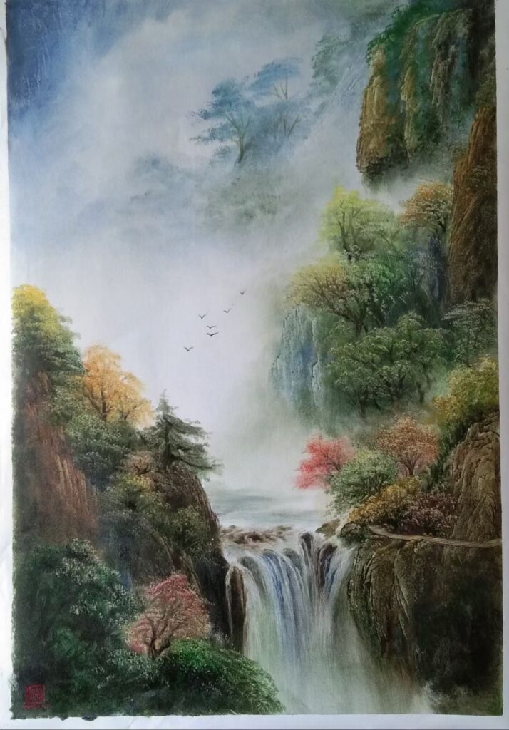Rocky Waterfall Stream original oil painting by Shufeng Studio