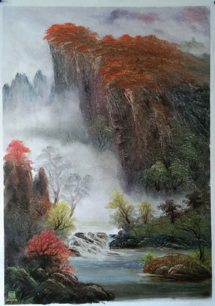 Long Lake and Mountains original oil painting by Shufeng Studio